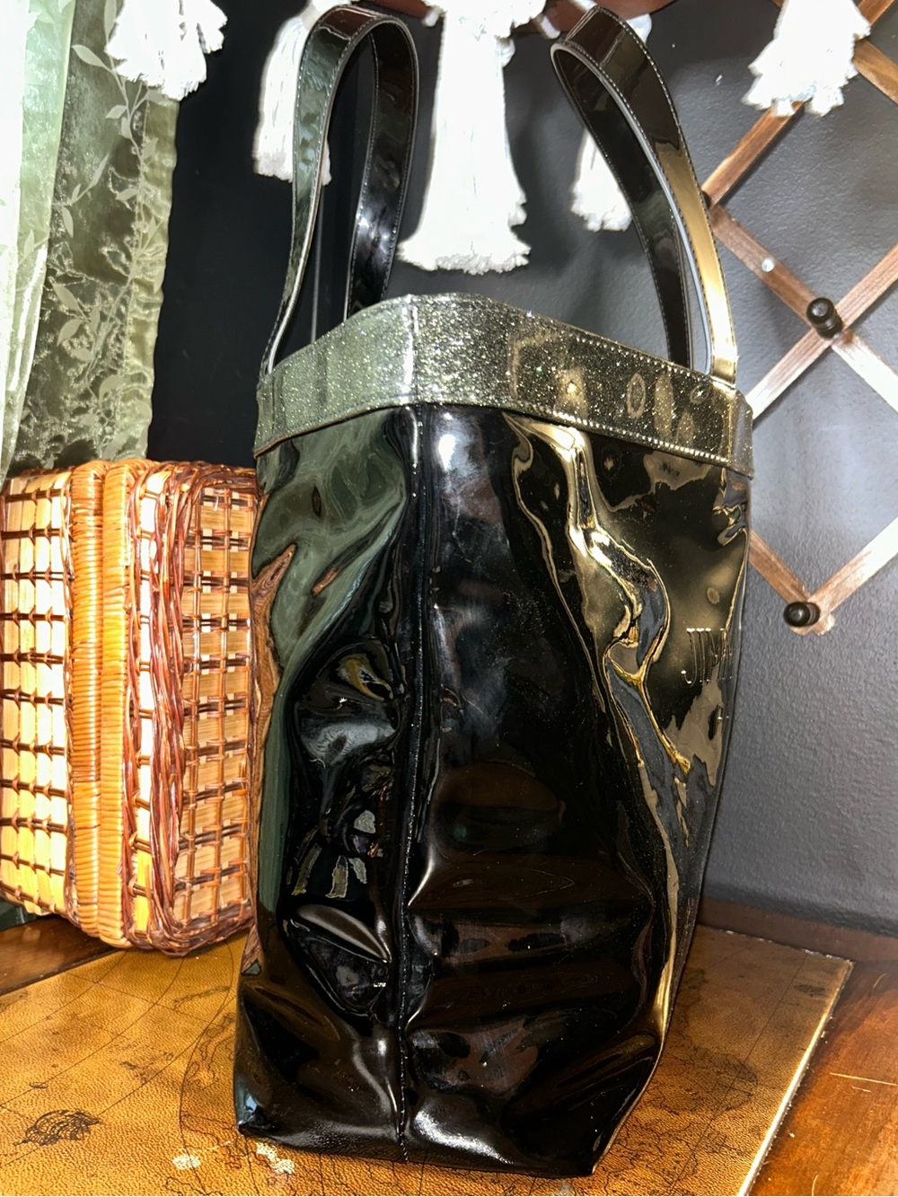 Jimmy Choo Parfums Embossed Black Shiny Patent Tote with Glitter Trim - Picture 6 of 12